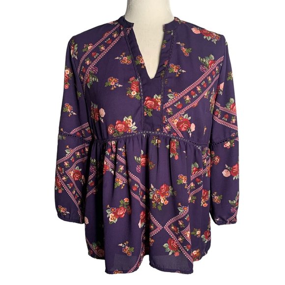 Mi ami Bohemian Baby Doll Blouse M Purple Floral V Neck Puff Sleeve Elastic - Picture 1 of 6
